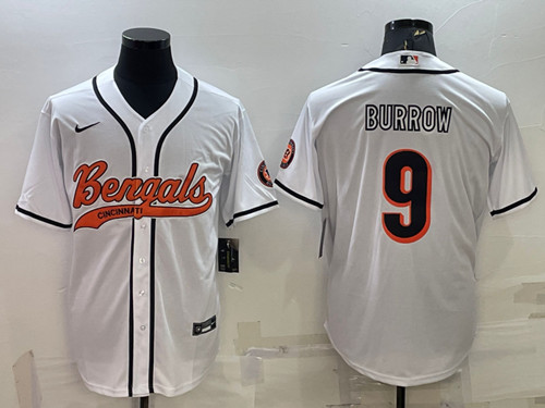 Men's Cincinnati Bengals #9 Joe Burrow White With Patch Cool Base Stitched Baseball Jersey - Click Image to Close